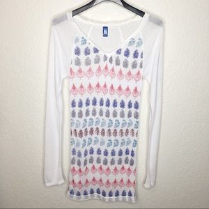 FREE PEOPLE Mesh Long Sleeve Top L White Pink Blue